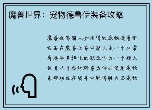 魔兽世界：宠物德鲁伊装备攻略